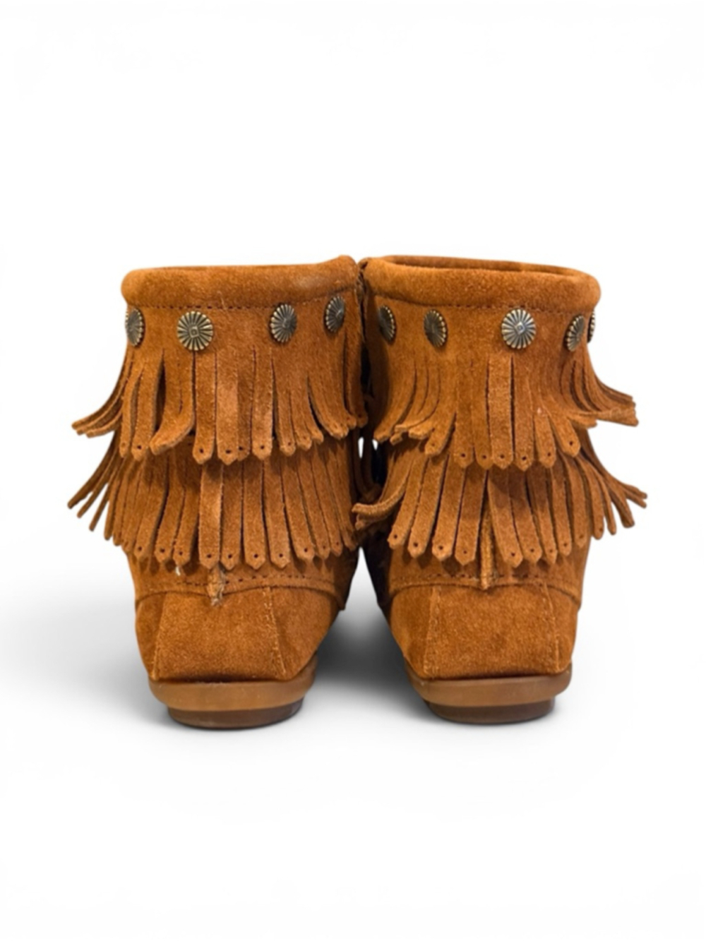 Minnetonka Women’s Double Fringe Suede Ankle Boots Brown Concho Moccasins 9.5 - Picture 4 of 8